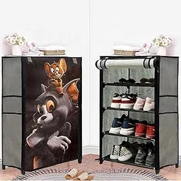 Multipurpose Collapsible 4 Layer Metal Tom & Jerry Cartoon Printed Shoe Stand, Shoe Organiser for Home & Office (Grey, Metal)-picture-18