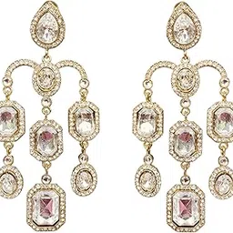 unfoldself Traditional Gold Plated Long Danglers Earrings for Women AD Stone Earrings-picture-38