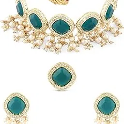 zaveri pearls Green Statement Stones Cluster Beads Choker Necklace Earring Ring Set For Women-ZPFK15934-picture-20