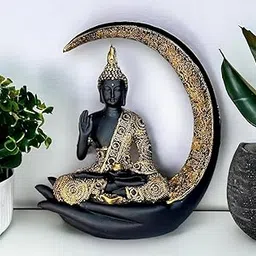 Inspired Inventory Buddha Statue Meditation Figurine (9 Inch), Crescent Moon Design, Black and Gold Zen Home Decor Sculpture for Office, Home, Meditation Room-image-45