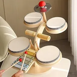 Urdhva Retail Wooden Montessori Musical Instrument DRM Set Table for Kids - Includes Drum Set, Cymbal and Bells, Xylophone Toy Set | Percussion Musical Set (Multi Functional Drum Set)-picture-31