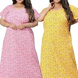 Women Pink & Yellow Floral Print Cotton Half Sleeve Plus Size Nighty Maxi Nightdress Nightgown Combo 2XL/3XL/4XL-image-2