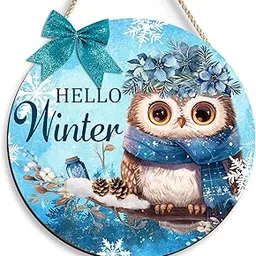 Wood Owl Hello Winter Hanging Sign Owl Art Door Wreath Wood Owl Ornament Primitive Country Front Door Decoration Kitchen Bathroom Porch Patio Garden Outdoor Wall Decoration-picture-27
