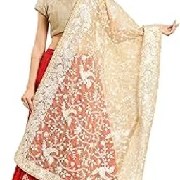 dupatta bazaar Women's Beige Parsi Gara Work Embroidered Organza Dupatta-picture-17