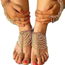 womensky Gold Plated Payal/Anklet with Gold Plated Hath Phool Ring Bracelet for Women-picture-46