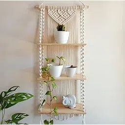 Bohemian Macrame Wall Hanging Shelf, 3-Tier Wooden Plant Display with Decorative Woven Cotton Rope, Handcrafted Home Decor for Indoor Plants-picture-10