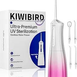 KIWIBIRD Water Dental Flosser with UV-C Sanitization, Cordless Oral Irrigator, 3 Modes & 4 Tips, 300ML BPA-Free Tank, 40-120PSI Portable Teeth Cleaner for Plaque, Home & Travel Use (Pink Ombre)-picture-11