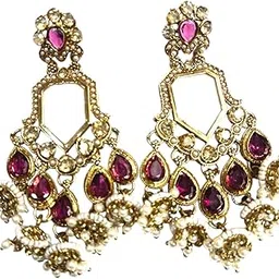 Noor Jewels Traditional Indian Chandelier Earrings, Hot Pink Crystal and Pearl Drops, Gold-Plated, 8 cm Length-image-20