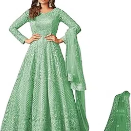 divine international trading co Women's Net Semi Stitched Gown Top With Satin Silk Fabric Bottom & Net Dupatta Embroidered Anarkali Dress-picture-51