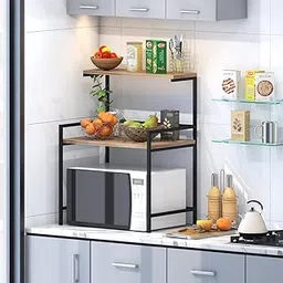 Amazon Brand - Solimo Sergio 3-Layer Microwave Rack | Multipurpose Oven Stand with Storage Shelf | Oven Rack Kitchen Storage Organizer (Asian Walnut & Black - DIY)-picture-22