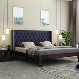 HITHOS Solid Wood King Size Bed with Cushion Headboard Without Storage Wooden Double Bed Cot Furniture for Home Hotel Bedroom Living Room (Blue) 3 Year Warranty-image-16