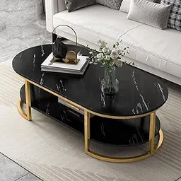 Modern Large Coffee Table Center Table, Beautiful Sofa Table Simple Design - 2 Tier Nesting Coffee Table Living Room Table for Home,& Office (Black & Gold)-image-50