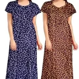 Permium Combo Cotton Long Half Sleeve Printed Nighty for Women-Brown-Sky-picture-11