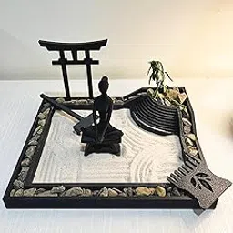 Desktop Zen Garden Set, Japanese Style Meditation Sand Garden, Black PLA with Torii Gate and Rake, Mini Table Decor image 1