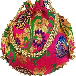 Atheena Aris Women's Handcrafted Banarasi Silk Designer Potli Bag for women with Golden Embroidery and Pearl Handle Tassel-picture-10