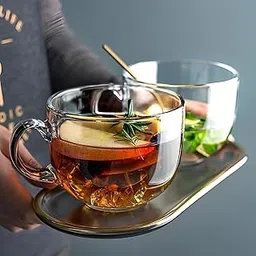 Premium Glass Tea Cup Set, 450 ML Crystal Clear Mugs with Handle, Modern Style Coffee Cups for Hot and Cold Beverages, 2 Piece-picture-14