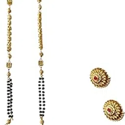 Traditional Gold Plated Vati Pendant Mangalsutra Set with Stud Earrings | Black Beads Long Chain 36 INCH for Women and Girls |-image-1