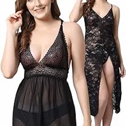 shararat Women Baby Doll Nightwear/Lingerie Combo Pack with G String Lace Panty/Honeymoon Dress/Black : (Pack of 2)|| Featured in Shark Tank India ||-picture-19