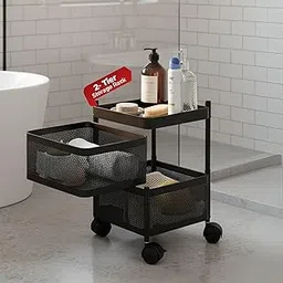 HAVAI Square Rolling Kitchen Storage Rack | Lockable Wheels | Sturdy Metal Frame | Space-Saving Utility Shelf – Black (2 Tier)-picture-14