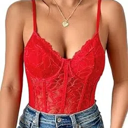 Conighty - Women Lace Lingerie Floral Lace Sheer Mesh Corset Bodysuit Spaghetti Strap Cami Top-picture-13