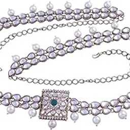 i jewels 18K Gold Plated Traditional Ethnic White Kundan And Stone Studded Adjustable Pearl Kamarband/Belly Chain/Kandora/Wait Belt For Women-picture-33