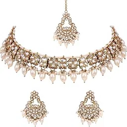 i jewels Gold Plated Traditional Kundan Pearl Choker Necklace with Earrings & Maang Tikka Jewellery Set for Women (K7309W) image 1