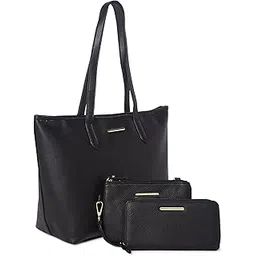 time tru Time and Tru Women's Faux Leather Vegan 3-Piece Handbag Set Tote, Wristlet and Wallet (Black Pebble)-picture-10
