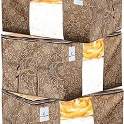 Kuber Industries Metalic Printed 3 Pieces Non Woven Fabric Underbed Storage Bag, Cloth Organiser, Blanket Cover with Transparent Window (Beige)-KUBMART2908-picture-14