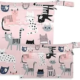 visesunny Cute Cat Dot 2Pcs Wet Bag with Zippered Pockets Washable Reusable Roomy for Travel,Beach,Pool,Daycare,Stroller,Diapers,Dirty Gym Clothes, Wet Swimsuits, Toiletries-picture-23
