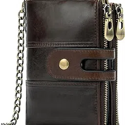 niucunzh Genuine Leather Soft Bifold Rfid Wallets for Men Coin Purse Keychain Snap Zip Wallet with Chain Coffee-picture-36