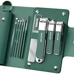 Nexiva 10-in-1 Ear Wax Cleaner Tools & Professional Manicure Kit | Stainless Steel Nail Clipper Grooming Set with Leather Case | Ear Cleaning Tool, Toe Cutter & Beauty Care Essentials (Green) image 1