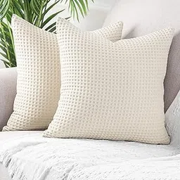 MANDIOO Set of 2 Waffle Textured Decorative Throw Pillow Covers Soft Solid Cotton Cushion Cases Luxury Pillowcases for Couch Sofa Bed 22x22 Inches Beige-picture-58