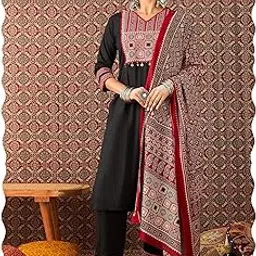 indo era Women's Pure Cotton Ajrakh Pritned Straight Calf Length Kurta with Pant & Dupatta Set (IESTR11033)-picture-17