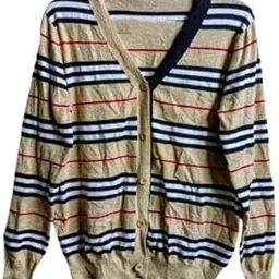 Women's Striped Button-Down Cardigan Sweater Beige with Navy and Red Stripes Bust 34 INCHES-picture-18