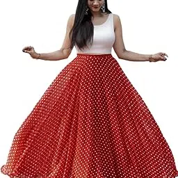 freydis Polka Dot Maxi Skirt with Crop Top Set, Pink and White, High-Waisted Floor Length, Georgette-picture-37