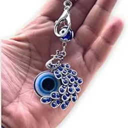 Blue Evil Eye Peacock Keychain, Crystal Rhinestone Charm, Silver Metal Hanging Decoration-image-12