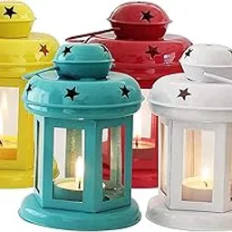 A. R. HANDICRAFTS - Hanging Lantern Decorative Tea Light Holder Home Decor Red/Pink, White, Blue and Yellow Color Iron Lamp with Candle Tealights & Festive Decor 10x10x14 cm Set of 4-image-3