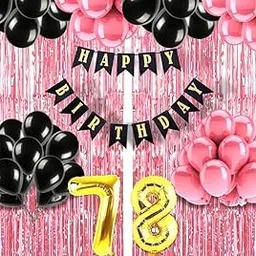 78th Birthday Decoration items for Girls with Black and Pink Balloons, Black Happy Birthday Banner, Pink Foil Curtain, Foil Balloon number 78-picture-35