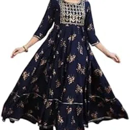 Women's Ethnic Anarkali Maxi Dress Set of 5, 3/4 Sleeve Floor Length Gowns in Pink Chevron, Turquoise Chevron, and Maroon Navy Blue, Black Floral-picture-35