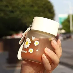 SYJBUH 300ml Daisy Glass Bottle with Strap Floral Printed Wide Mouth Bottle Reusable Travel Water Bottle for Girls, Office, School, Kids-picture-38