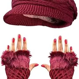 malvina Women's Combo of Winter Warm Knit Hat Wool Snow Ski Caps Fingre Cut Fur Faux Hand Gloves (Red, Free Size)-picture-18