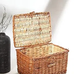 Habere India-All The Cultures Fabricating India Wicker Basket | Storage Baskets With Lid | Storage Baskets For Wardrobe | Picnic Box (Small) - Rectangular, Brown (27x22x16 cm)-picture-35