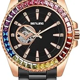 benling Prism Royale Automatic Watch for Men with Rainbow Bezel & Open Heart Dial – Stainless Steel Chain-picture-47