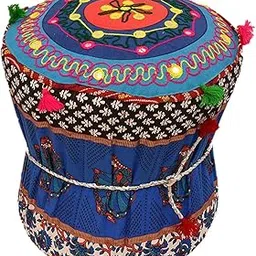 TIQH Rajasthani Handmade Patchwork Cotton Single Mudda/Ottoman/Pouffe (Bamboo, Multicolour) (17 X 17 X 18 Inches, Blue)-image-61