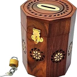 DECORIZE® Handmade Wooden Master Size Money Bank in 6 x 4 inch with Key Lock Coin Box Brass Design Kids & Adults Gifts Item Piggy Bank-picture-10