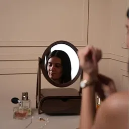 Handcrafted Mango Wood Oval Mirror Case, Traditional Brown Vanity Box with Natural Wood Finish, Portable Tabletop Design for Grooming Storage, 30x25 cm-picture-15