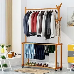 Naayaab Craft Bamboo Rolling Cloth Hanging Rail with 2 Shelves 4 Hooks | Garment Rack for Shoes, Hats and Scarves, in The Hallway, Living Room, Guest Room - Size (100 x 37 x 175cm) Beige-image-26