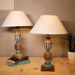 Homesake Signature Rustic Table Fluorescent Lamp Set Of 2, Farmhouse Living Room Bedroom House Bedside Nightstand Home Office Reading Light, (Trophy Distress Blue White Cone)-image-33