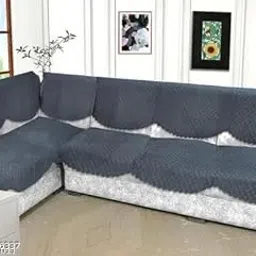 Ur Shopee Velvet Solid Pattern L Sape 7 Seater Self Design Sofa Cover/Sofa Panel/Furniture Cover-Dark Grey-Pack of 14-picture-24