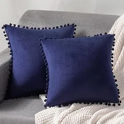 Amazon Brand - Umi Velvet Pompom Cushion Cover 16X16 Inch - Set of 2 Large Square Throw Pillow Covers 150 TC for Sofa Living Room Or Home Decor in Blue Color-image-18